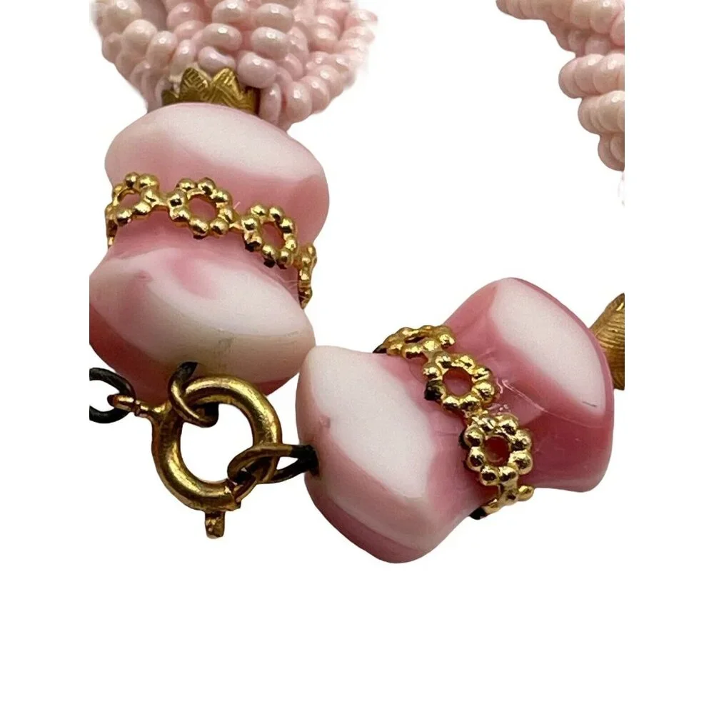 VTG Pink Seed Bead Milk‎ Glass Multi Strand Braided Tassel Necklace Earring Set
